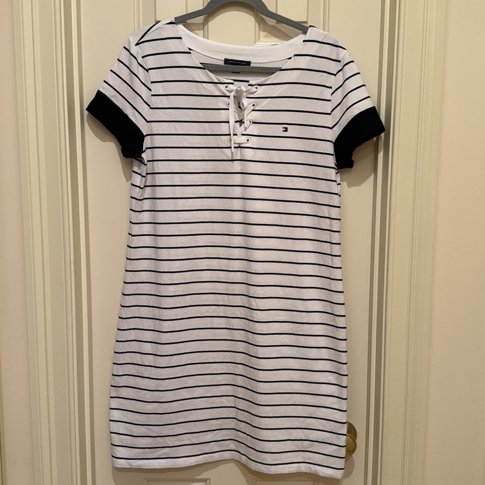 Tommy Hilfiger Navy Blue White Striped Midi Dress Size L Y2K Tie Neck Classic‎